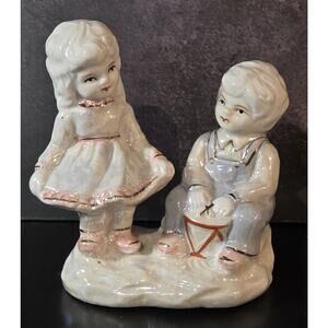 Lusterware Boy Girl Figurine Porcelain Iridescent White Pink Blue wTrim Adorable